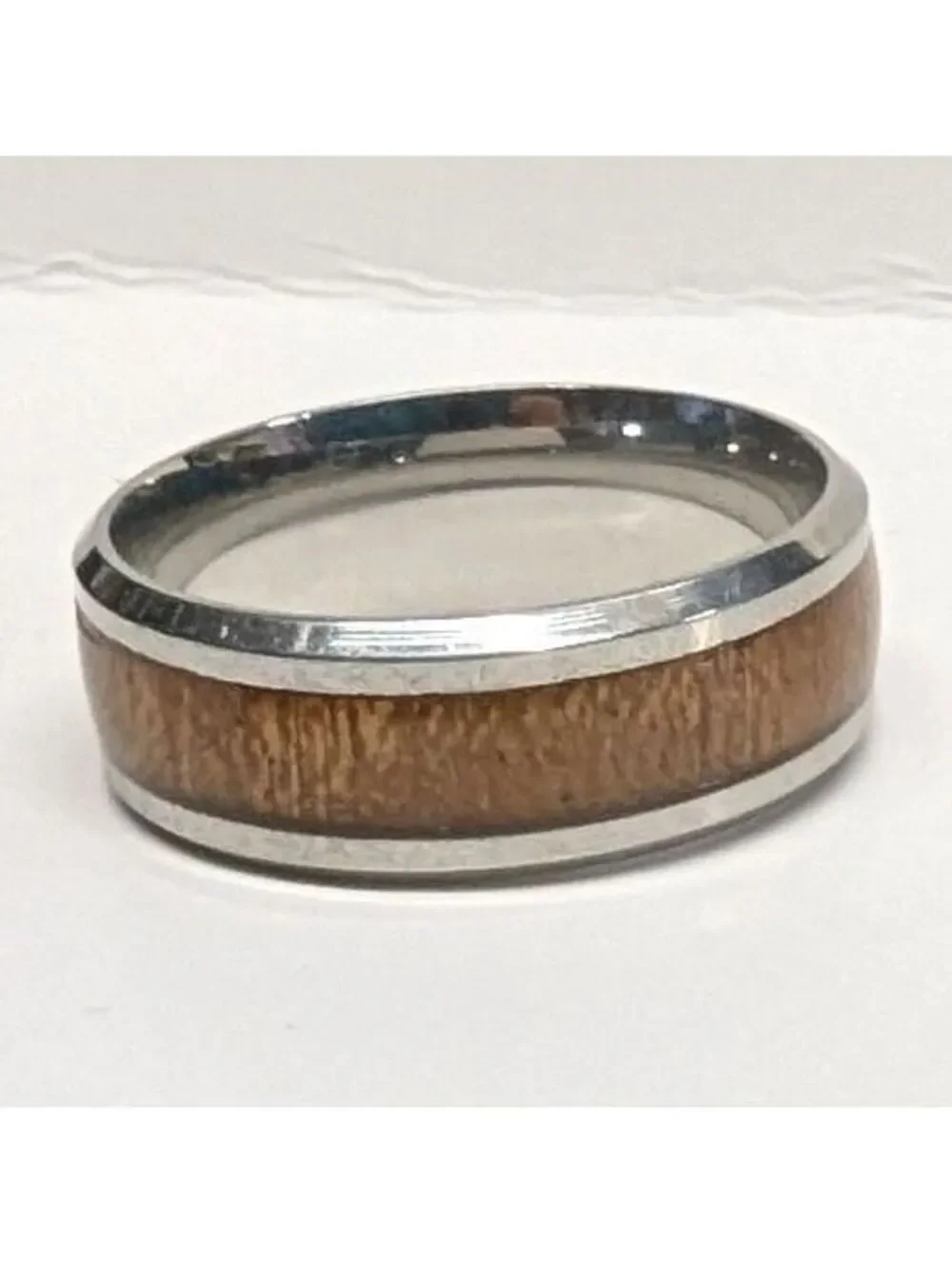 New Wood Inlay Band Ring Mens Size 11 Silver Tone Brown Beveled Edge Rustic